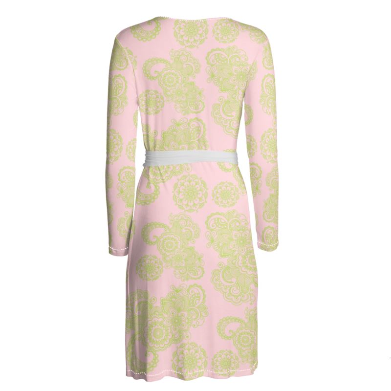 Light Pink and Green Paisley Wrap Dress - Objet D'Art