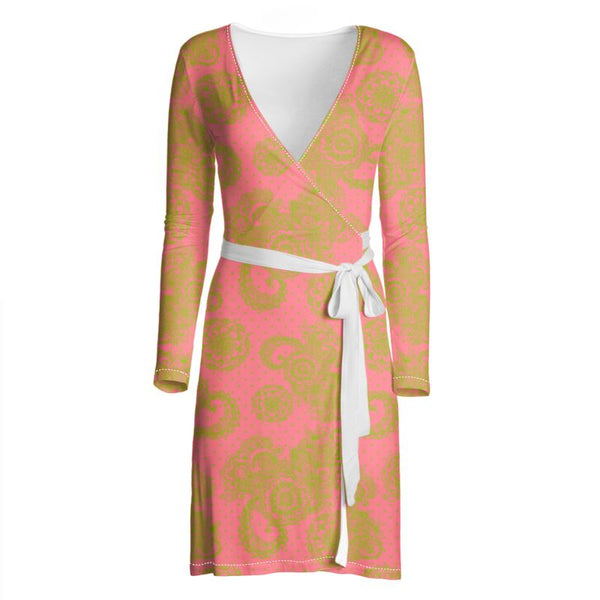 Dark Pink and Green Paisley and Polka Dot Wrap Dress - Objet D'Art