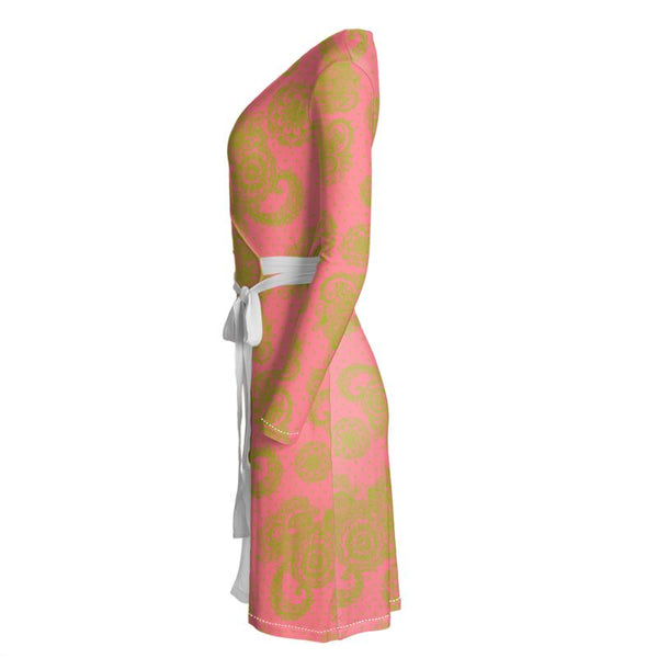Dark Pink and Green Paisley and Polka Dot Wrap Dress - Objet D'Art