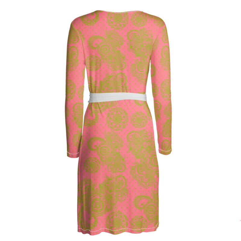 Dark Pink and Green Paisley and Polka Dot Wrap Dress - Objet D'Art
