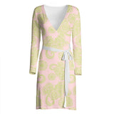 Light Pink and Green Paisley and Polka Dot Wrap Dress - Objet D'Art