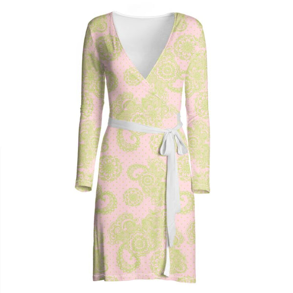 Light Pink and Green Paisley and Polka Dot Wrap Dress - Objet D'Art