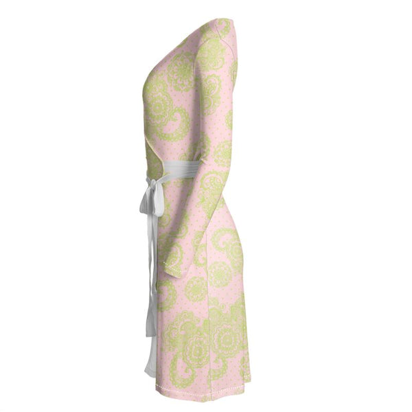 Light Pink and Green Paisley and Polka Dot Wrap Dress - Objet D'Art