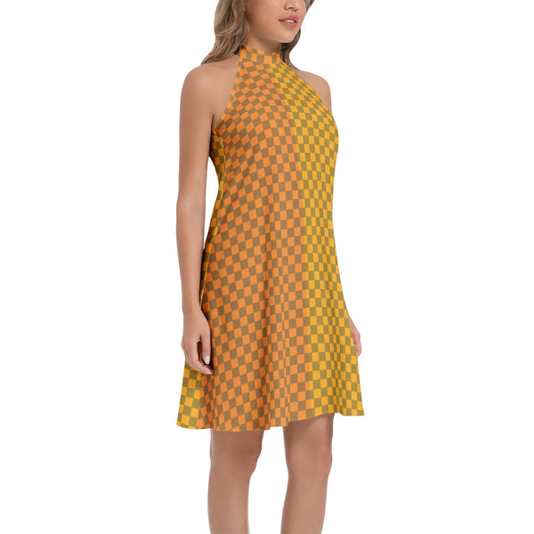 Two-tone Checkered Tie Back Halter Neck Flared Dress - Objet D'Art