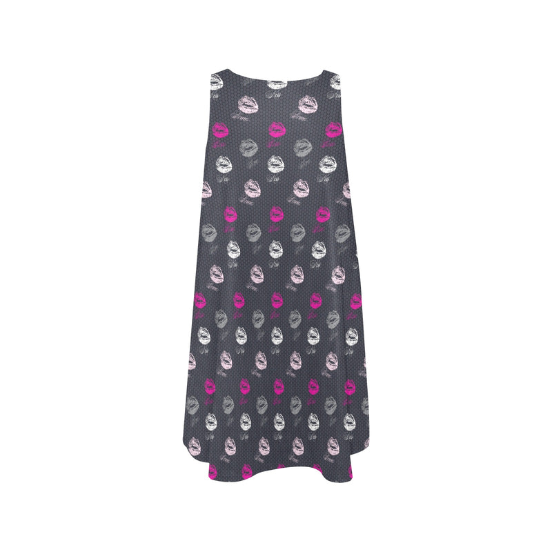 FUCHSIA LIPS POLYGLOT grey hex two tone print 2 Sleeveless A-Line Pocket Dress (Model D57) - Objet D'Art