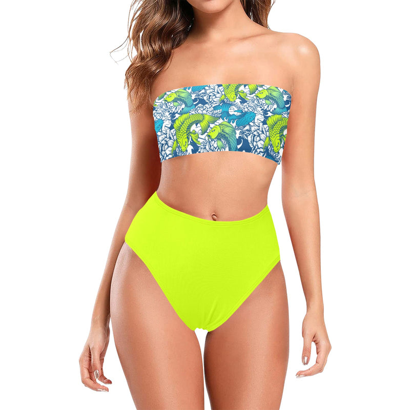 bright neon green print Chest Wrap Bikini Swimsuit (Model S36) - Objet D'Art