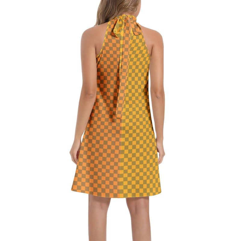 Two-tone Checkered Tie Back Halter Neck Flared Dress - Objet D'Art