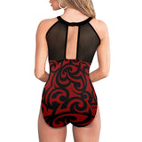 red and black scroll print Women's High Neck Plunge Mesh Ruched Swimsuit (S43) - Objet D'Art