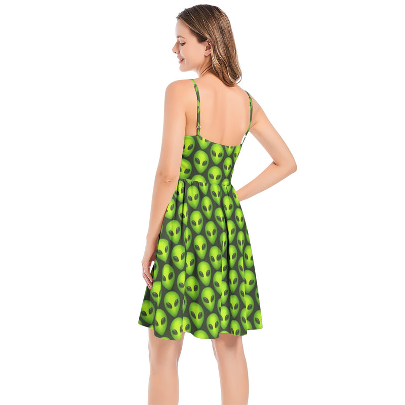 Alien Print Spaghetti Strap Sleeveless Summer Beach Dress - Objet D'Art