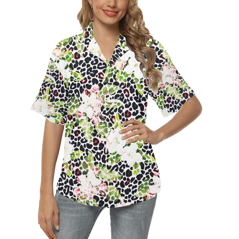 apple blossom leopard print All Over Print Hawaiian Shirt for Women (Model T58) - Objet D'Art