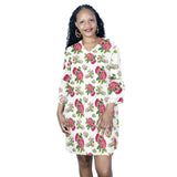 red pink white floral rose print 2 Half Sleeves V-Neck Mini Dress (Model D63) - Objet D'Art