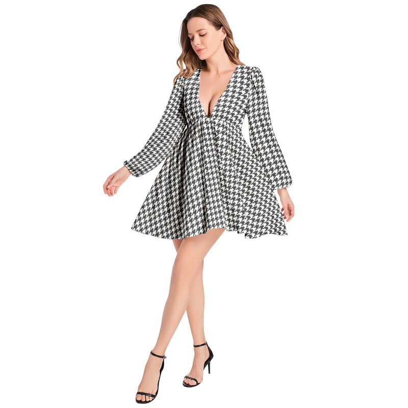 Lantern Sleeve Deep V-Neck Short Dress - Objet D'Art