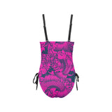 fuchsia pisces print 2 Drawstring Side One-Piece Swimsuit (Model S14) - Objet D'Art