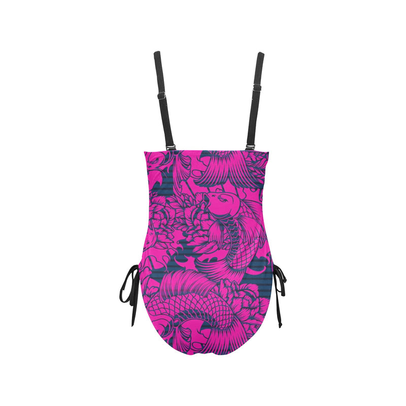 fuchsia pisces print 2 Drawstring Side One-Piece Swimsuit (Model S14) - Objet D'Art