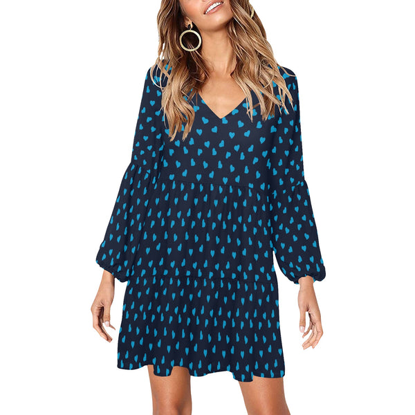 light blue scattered heart print V-Neck Loose Fit Dress (Model D62) - Objet D'Art