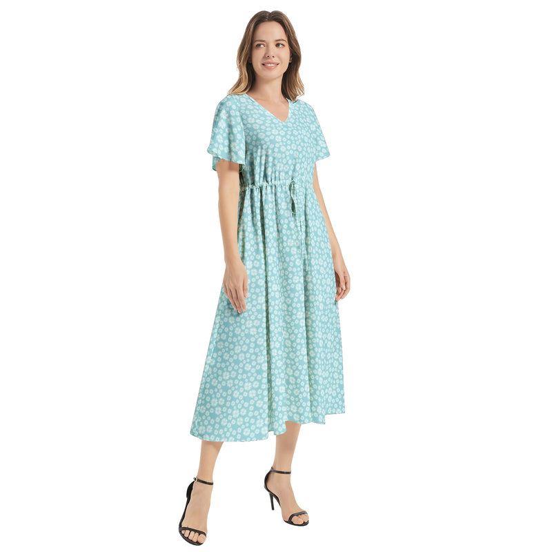 Flutter Sleeve Drawstring Waist Flared Dress - Objet D'Art