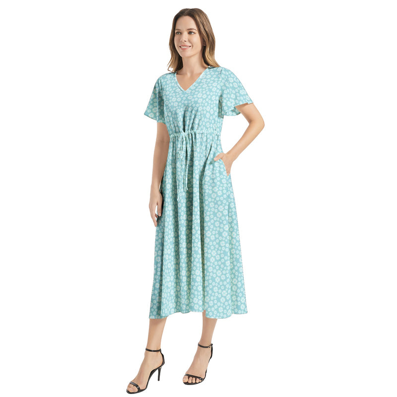 Flutter Sleeve Drawstring Waist Flared Dress - Objet D'Art