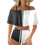 bw striped reverse print Women's Ruffle Off Shoulder Bikini Swimsuit (Model S45) - Objet D'Art