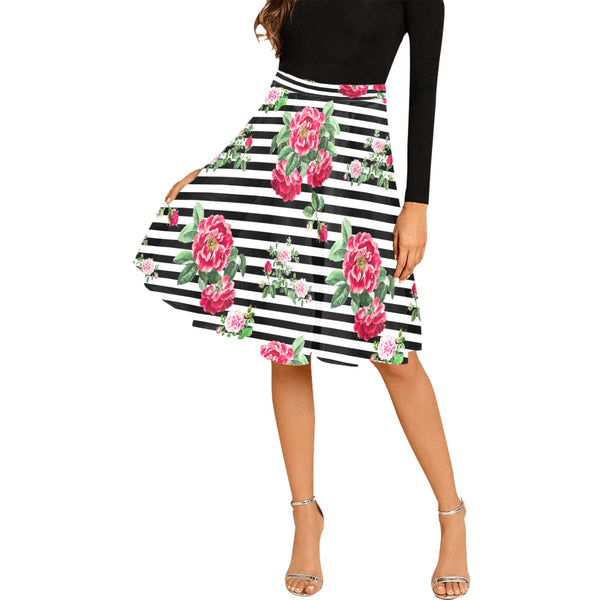 thin bw stripes roses red print 2 Melete Pleated Midi Skirt (Model D15) - Objet D'Art