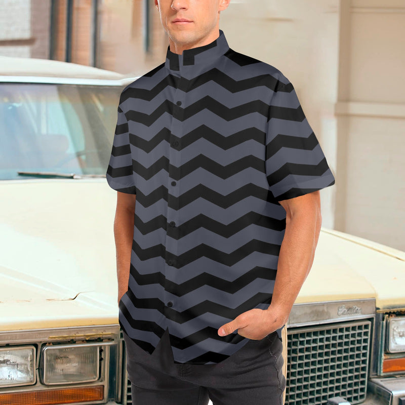 waves8 print Men's Stand-Up Collar Short Sleeve Shirt - Objet D'Art