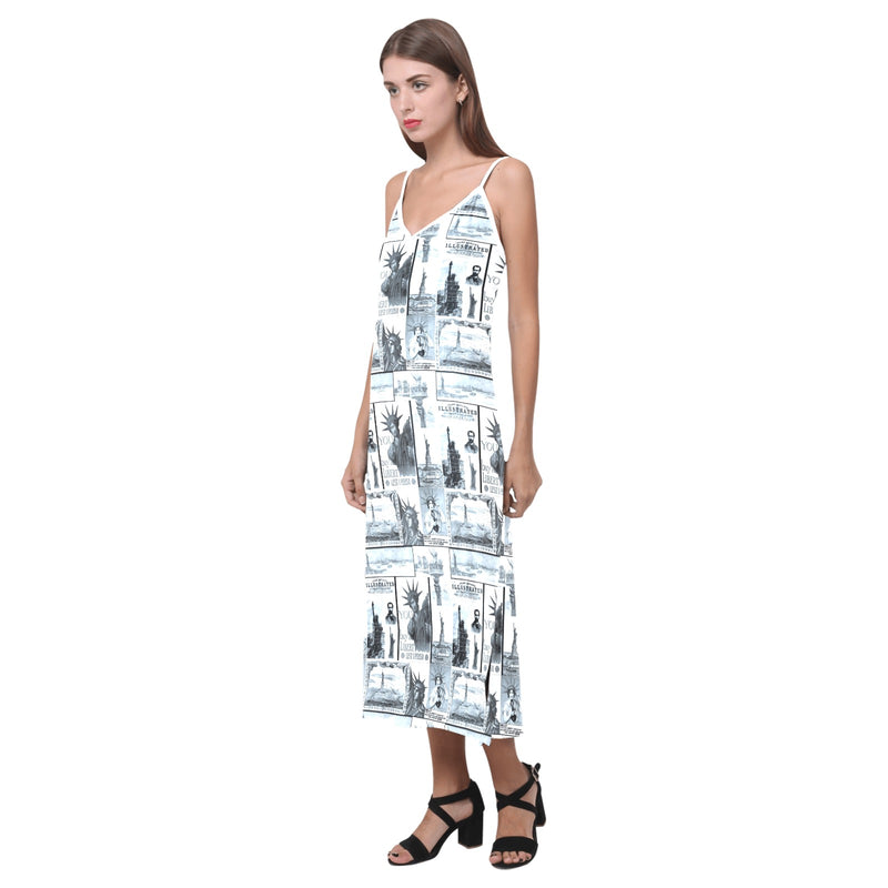 selenium lady liberty print 6 V-Neck Open Fork Long Dress(Model D18) - Objet D'Art