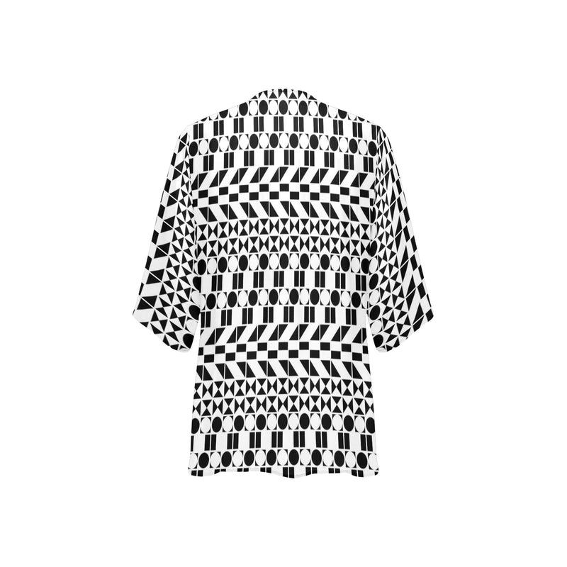 bw print A2 geometry Women's Kimono Chiffon Cover Up (Model H51) - Objet D'Art