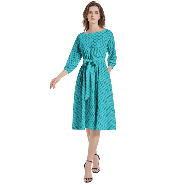 Polka Loops Boat Neck Belted Flared Dress - Objet D'Art