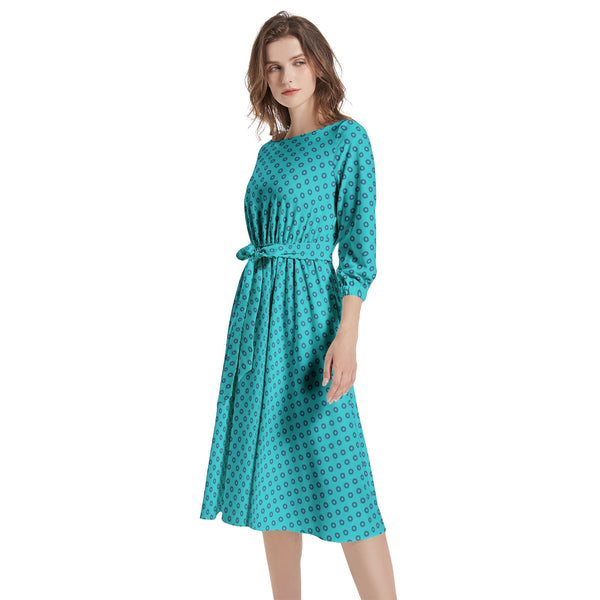 Polka Loops Boat Neck Belted Flared Dress - Objet D'Art