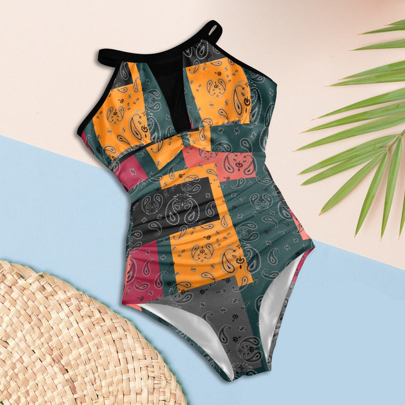 bandana print calico yoga_leggings_template-Recovered-Recovered copy Women's High Neck Plunge Mesh Ruched Swimsuit (S43) - Objet D'Art