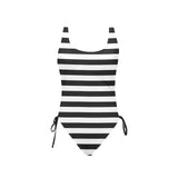 bw bold striped print 2 Drawstring Side One-Piece Swimsuit (Model S14) - Objet D'Art