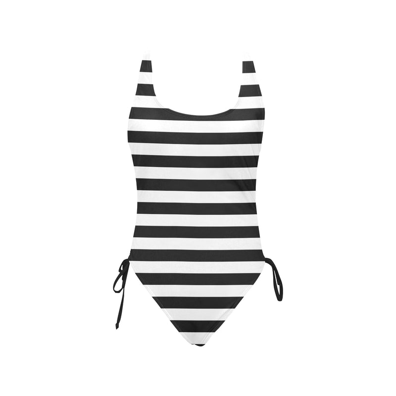 bw bold striped print 2 Drawstring Side One-Piece Swimsuit (Model S14) - Objet D'Art