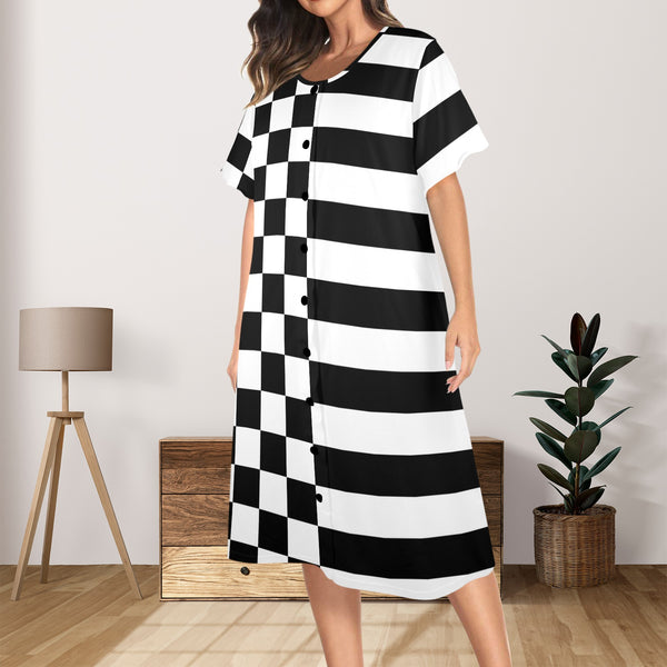 bw check print 2 Women's Button Front House Dress - Objet D'Art
