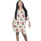 red pink white floral rose print 2 Half Sleeves V-Neck Mini Dress (Model D63) - Objet D'Art