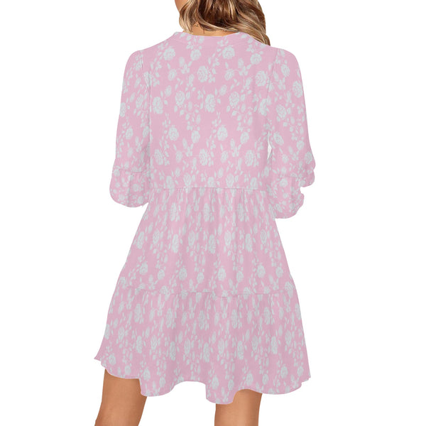 pink and white print 2 V-Neck Loose Fit Dress (Model D62) - Objet D'Art