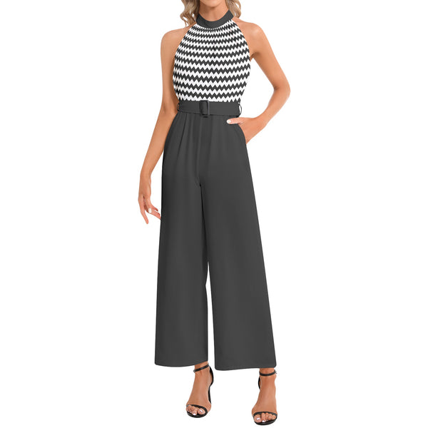 Sawtooth Waveform Halter Neck Buckle Belted Jumpsuit - Objet D'Art
