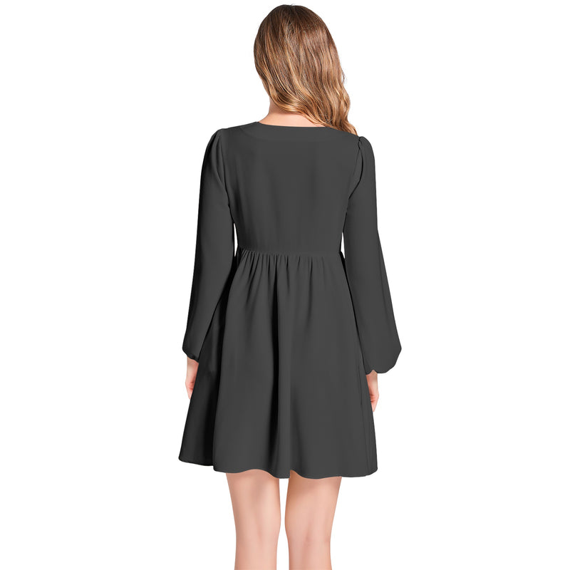 Black Lantern Sleeve Deep V-Neck Short Dress - Objet D'Art