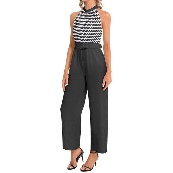 Sawtooth Waveform Halter Neck Buckle Belted Jumpsuit - Objet D'Art