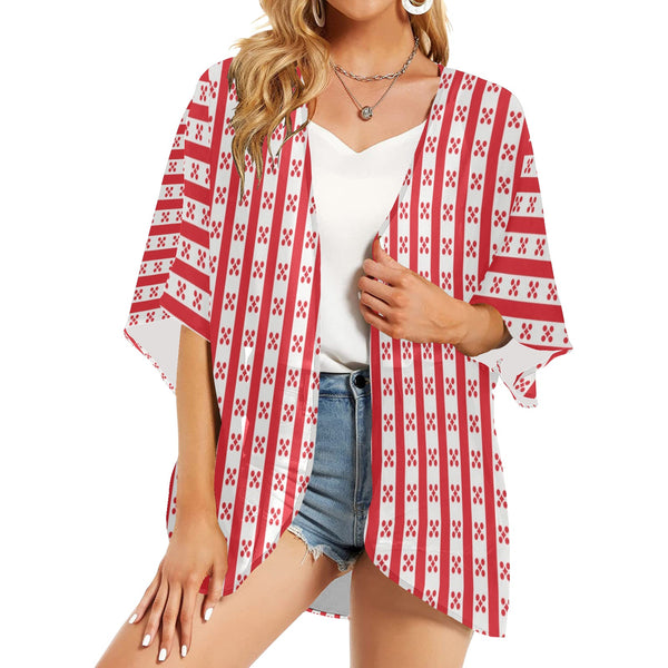 gingham red print Women's Kimono Chiffon Cover Up (Model H51) - Objet D'Art