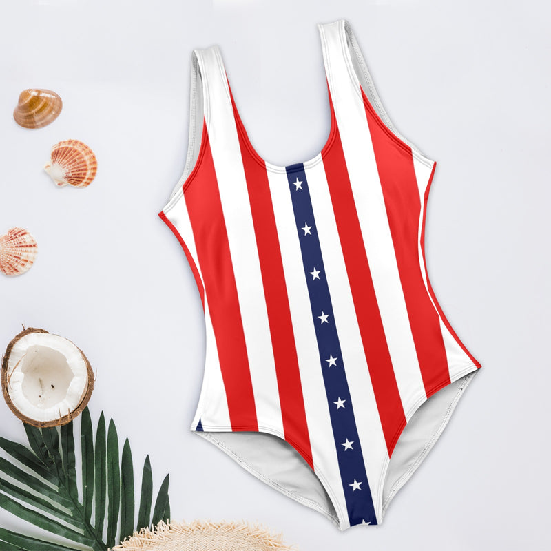 stars and stripes print 2 Women's High Cut Backless Swimsuit (Model S50) - Objet D'Art