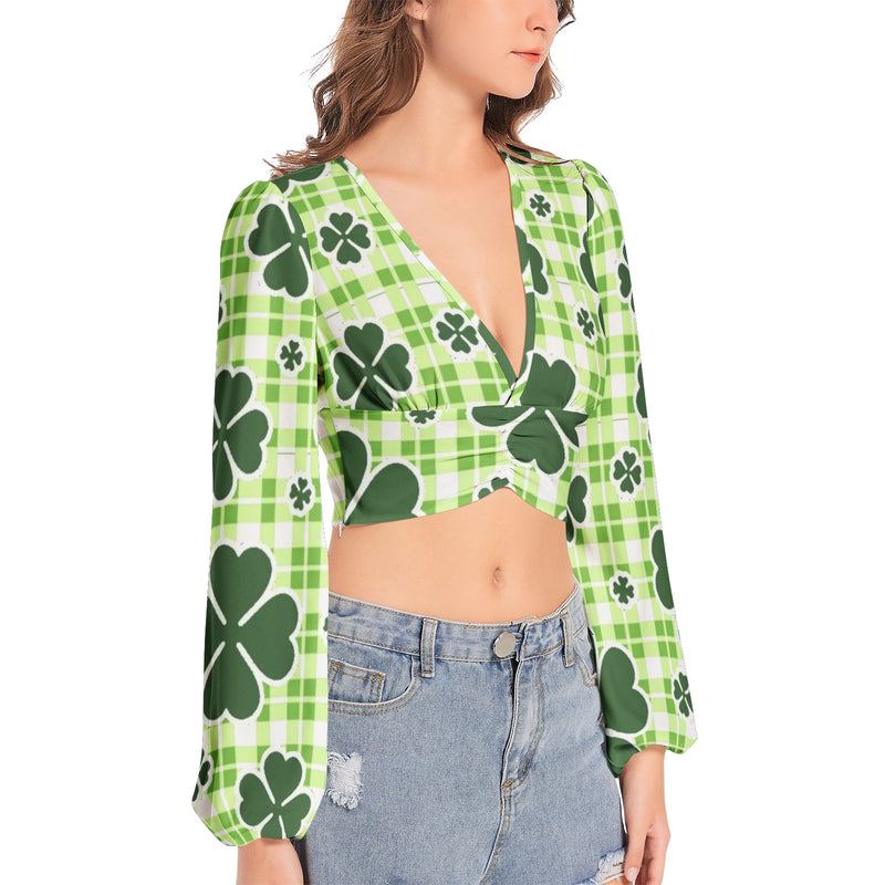 Luck of the Irish Women's Deep V-Neck Lantern Sleeve Crop Top - Objet D'Art