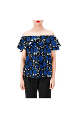 Blue Roses Women's Off Shoulder Blouse with Ruffle (Model T29) - Objet D'Art