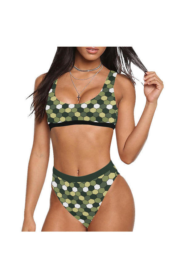 Honeycomb Camouflage Sport Top & High-Waist Bikini Swimsuit - Objet D'Art