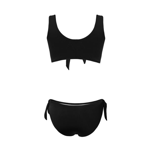 black solid print skirt Bow Tie Front Bikini Swimsuit (Model S38) - Objet D'Art