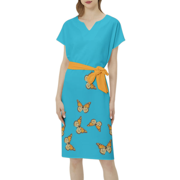 Monarch Butterfly  Batwing Sleeve Notch Neck Casual Dress with Belt - Objet D'Art