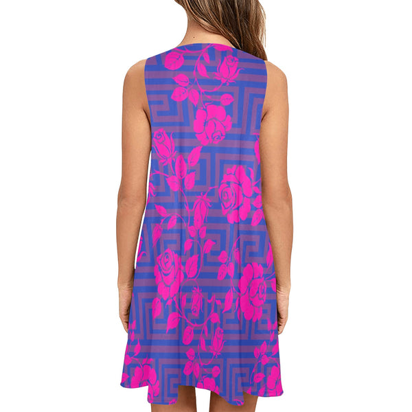 blue mauve greek key fuchsia rose print 4 Sleeveless A-Line Pocket Dress (Model D57) - Objet D'Art