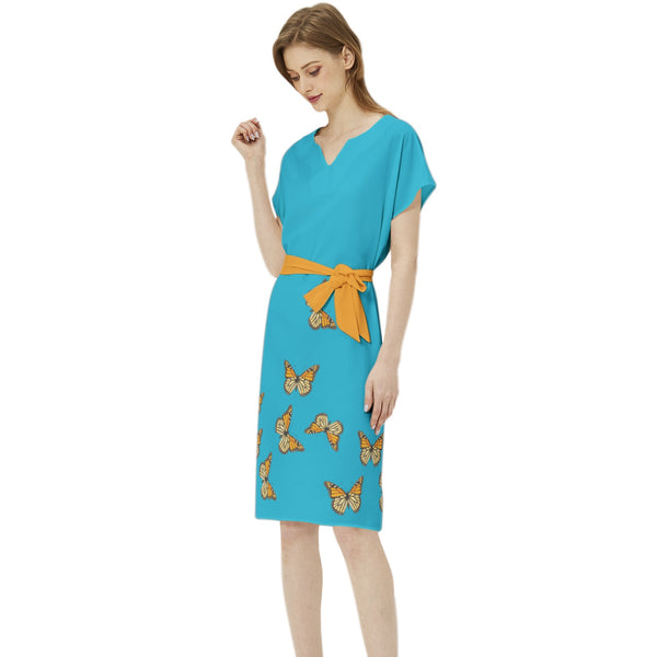 Monarch Butterfly  Batwing Sleeve Notch Neck Casual Dress with Belt - Objet D'Art