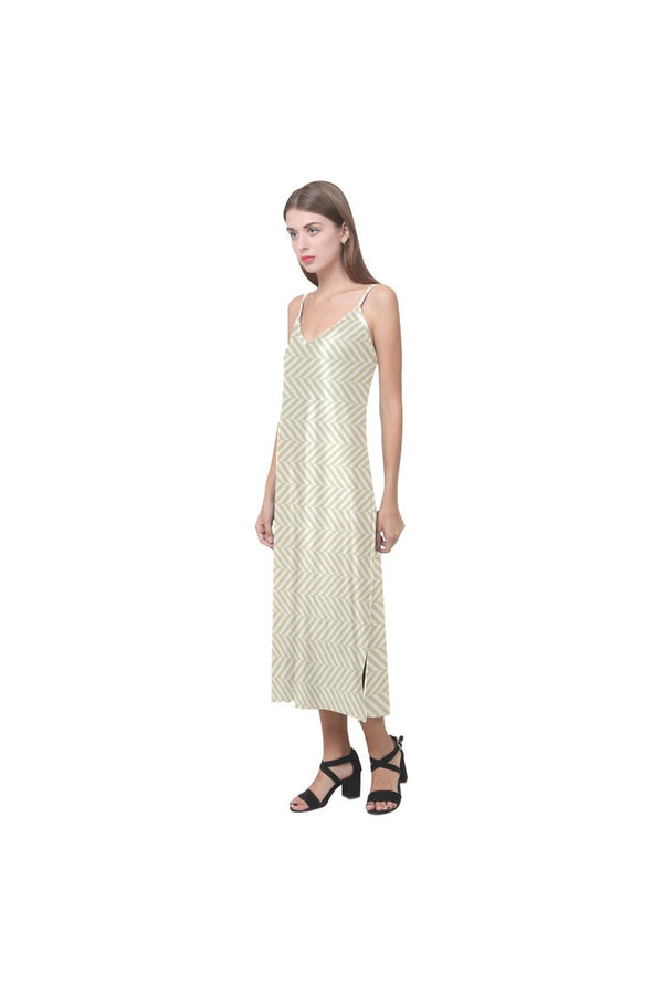 Soybean & Sweet Corn Herringbone V-Neck Open Fork Long Dress(Model D18) - Objet D'Art