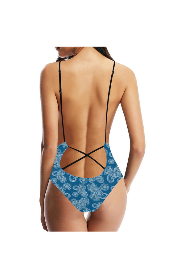 Paisley in Royal Blue Sexy Lacing Backless One-Piece Swimsuit (Model S10) - Objet D'Art