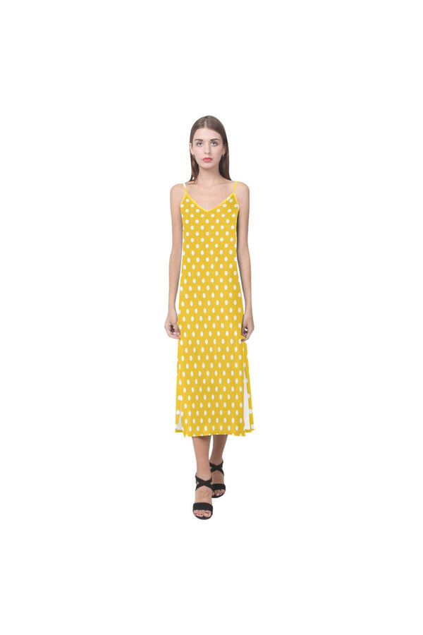 Golden Yellow Polka Dot V-Neck Open Fork Long Dress(Model D18) - Objet D'Art