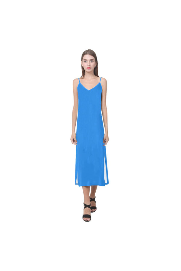 Coral Blue V-Neck Open Fork Long Dress(Model D18) - Objet D'Art